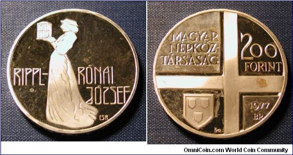 1977 Hungary 200 Forint Proof, Joseph Rippl-Ronai, .640 Silver Mintage 5,000