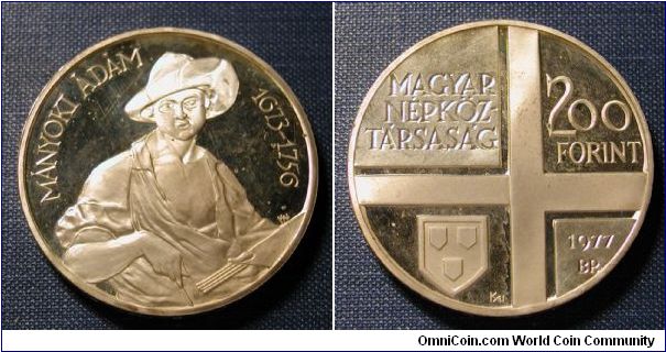 1977 Hungary 200 Forint Proof, Adam Manyoki, .640 Silver, Mintage 5,000