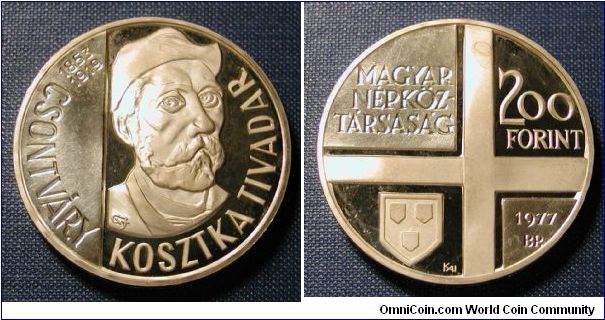 1977 Hungary 200 Forint Proof (Ketszaz), Tivadar CS. Koszika, .640 Si;ver, Mintage 5,000
