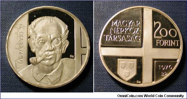 1976 Hungary 200 Forint Proof, Gyula Derkovits, .640 Silver, Mintage 5,000