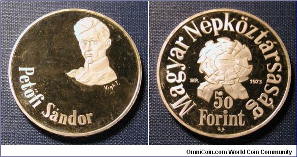 1973 Hungary 50 Forint Proof, 150th Anniversary - Birth of Sandor Petofi, .640 Silver, Mintage 6,000.