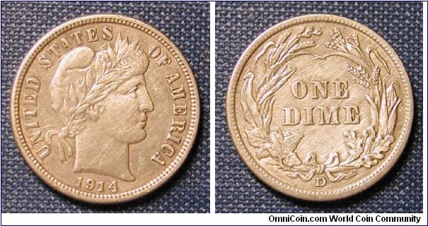 1914-D Barber Dime (cleaned)