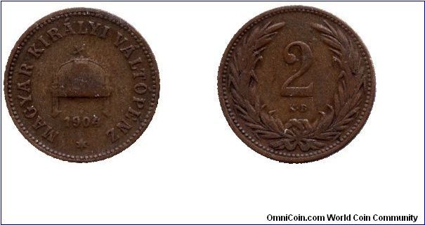 Hungary, 2 fillér, 1904, Bronze, Kingdom of Hungary, rule of Franz Joseph I.                                                                                                                                                                                                                                                                                                                                                                                                                                        