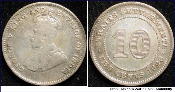 10 Cents
Ag 600 2.71g
Straits Settlements