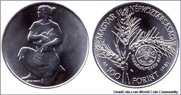 Hungary, 100 forint, 1981, Ni, FAO, People's Republic of Hungary.                                                                                                                                                                                                                                                                                                                                                                                                                                                   