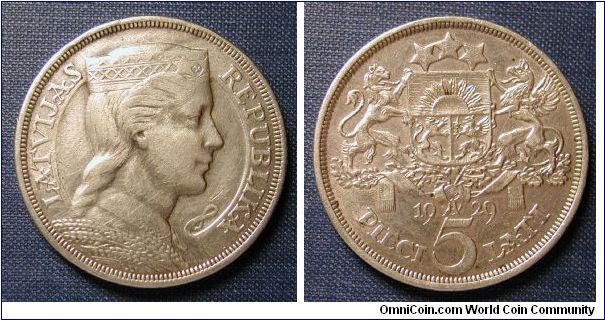 1929 Latvia 5 Lati (Cleaned)
