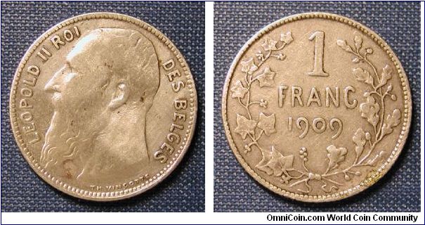 1909 Belgium 1 Franc (Cleaned)