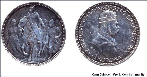 Hungary, 1 korona, 1896, Ag, Árpád, Prince of the Magyars entering the Carpatian Basin in 896. Remember the 1000 year old Hungary, Franz Joseph I.                                                                                                                                                                                                                                                                                                                                                                  