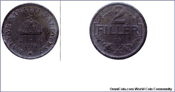 Hungary, 2 fillér, 1916, Fe, Kingdom of Hungary, reign of king IV. Károly (Charles IV).                                                                                                                                                                                                                                                                                                                                                                                                                             