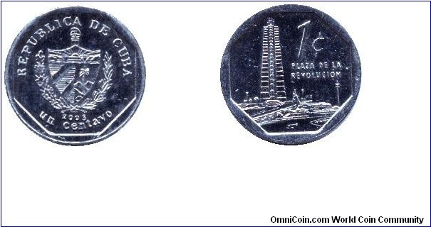 Cuba, 1 centavo, 2003, Al, Plaza de la Revolucion.                                                                                                                                                                                                                                                                                                                                                                                                                                                                  