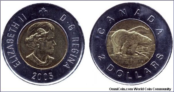 Canada, 2 dollars, 2005, Elizabeth II, Polar Bear, bi-metallic.                                                                                                                                                                                                                                                                                                                                                                                                                                                     