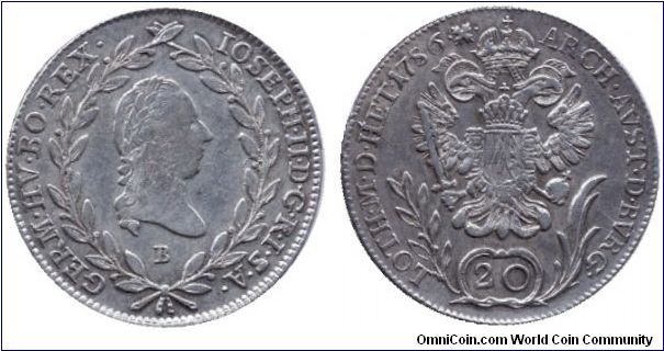 Austria, 20 kreuzer, 1786, Ag, Joseph II, MM: B (Kremnitz, Körmöcbánya)                                                                                                                                                                                                                                                                                                                                                                                                                                             