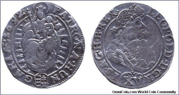 Hungary, 15 krajcár, 1692, Ag, I. Lipót (Leopold I).                                                                                                                                                                                                                                                                                                                                                                                                                                                                