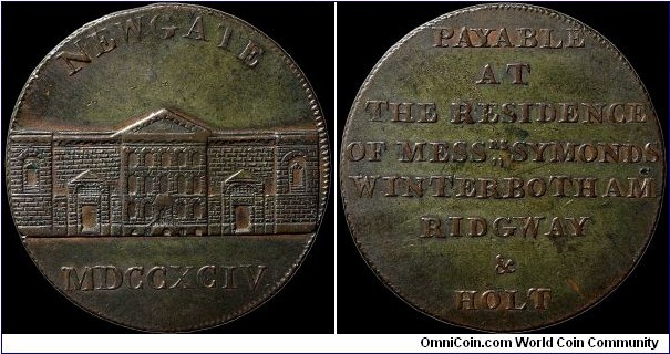 1794 ½ Penny Conder token.

The legend on the reverse is satire of course, the gentlemen mentioned were incarcerated within the prison.                                                                                                                                                                                                                                                                                                                                                                                