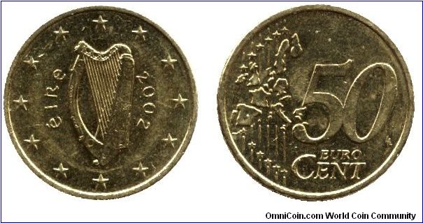 Ireland, 50 cents, 2002, Cu-Al-Zn-Sn.                                                                                                                                                                                                                                                                                                                                                                                                                                                                               