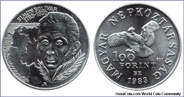 Hungary, 100 forint, 1983, Cu-Ni-Zn, 200th anniversary of the birth of Simon Bolivar, South-American Liberty Hero, 1783-1830, Condor, People's Republic of Hungary.                                                                                                                                                                                                                                                                                                                                                 