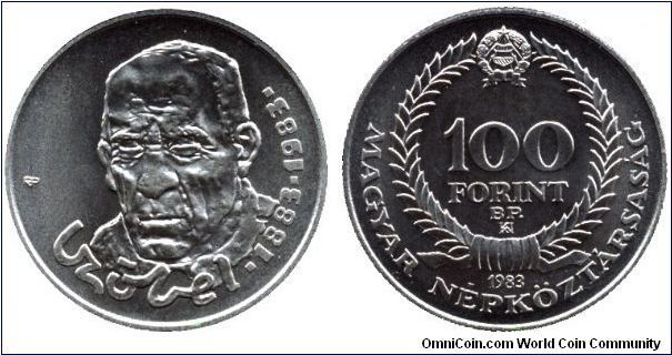 Hungary, 100 forint, 1983, Cu-Ni-Zn, Hundredth anniversary of Birth of Béla Czóbel, famous Hungarian painter, 1883-1983                                                                                                                                                                                                                                                                                                                                                                                             