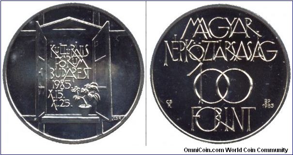 Hungary, 100 forint, 1985, Cu-Ni-Zn, Cultural Forum Budapest, 1985. X. 15.                                                                                                                                                                                                                                                                                                                                                                                                                                          