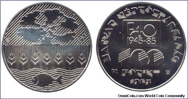 Hungary, 100 forint, 1985, Cu-Ni-Zn, 1945-1985, 40 years of FAO.                                                                                                                                                                                                                                                                                                                                                                                                                                                    