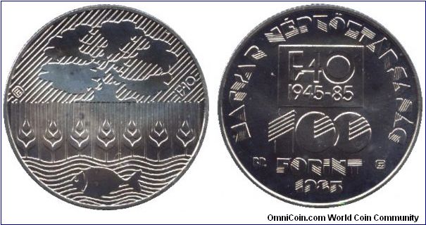 Hungary, 100 forint, 1985, Cu-Ni-Zn, 1945-1985, 40 years of FAO.                                                                                                                                                                                                                                                                                                                                                                                                                                                    