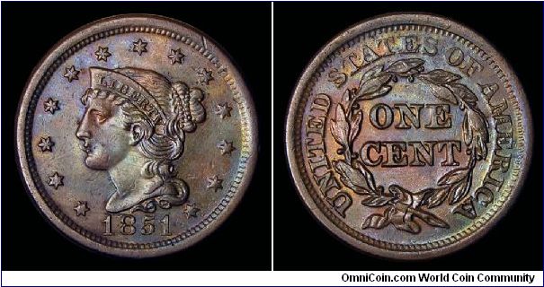1851 US Large Cent. Toned AU.