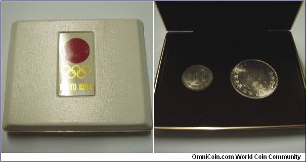 Presentation box of the 1964 Tokyo Olympics coins, which holds 1000 and 100 yen. Note that there are several varities of packaging made during that time. Some might hold 2 100 yen and 1 1000 yen or even 2 100 yen and 2 1000 yen. 

Reason why many various packaging were made is still not clear.