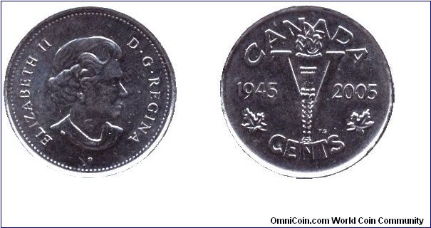 Canada, 5 cents, 2005, Victory type, 1945-2005, Elizabeth II.                                                                                                                                                                                                                                                                                                                                                                                                                                                       