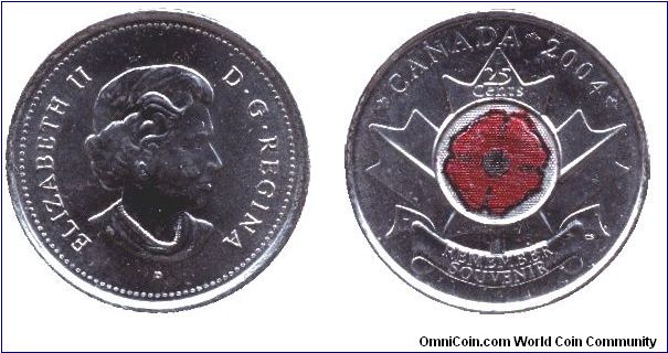 Canada, 25 cents, 2004, Remember Souvenir, first colour coin put in circulation, Elizabeth II, MM: P.                                                                                                                                                                                                                                                                                                                                                                                                               