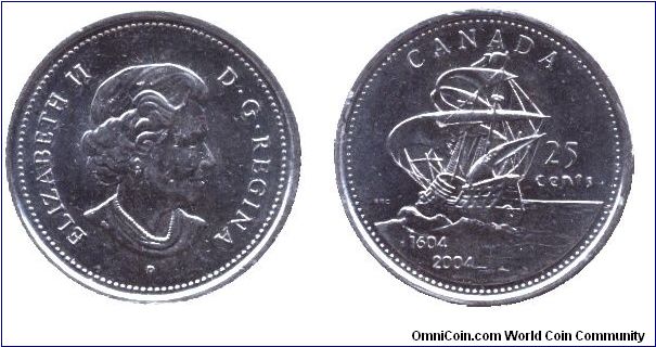 Canada, 25 cents, 2004, 1604-2004, Elizabeth II, MM: P                                                                                                                                                                                                                                                                                                                                                                                                                                                              