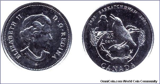 Canada, 25 cents, 2005, 1905-2005, Saskatchewan, Elizabeth II, MM: P.                                                                                                                                                                                                                                                                                                                                                                                                                                               