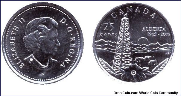 Canada, 25 cents, 2005, Alberta, 1905-2005, Elizabeth II, MM: P.                                                                                                                                                                                                                                                                                                                                                                                                                                                    
