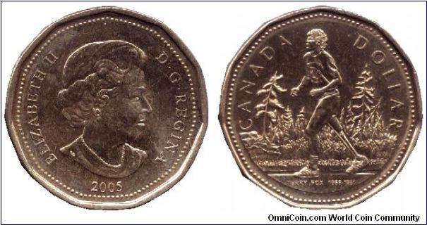 Canada, 1 dollar, 2005, Terry Fox (1959-1981), Elizabeth II. Terry Fox's goal in the Marathon of Hope was to raise $22 million – $1 for every person then living in Canada. Since he started running, more than $360 million has been raised worldwide for cancer research in his name.                                                                                                                                                                                                                             