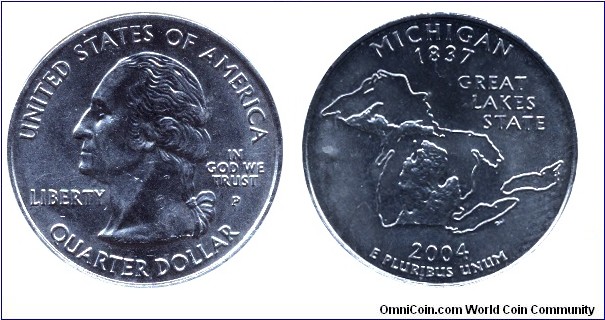 USA, 1/4 dollar, 2004, Cu-Ni, Michigan - 1837, Great Lakes State, G. Washington, MM: P.                                                                                                                                                                                                                                                                                                                                                                                                                             