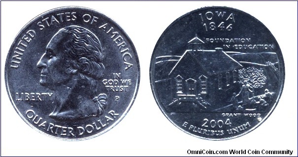 USA, 1/4 dollar, 2004, Cu-Ni, Iowa - 1846, Foundation in Education, G. Washington, MM: P.                                                                                                                                                                                                                                                                                                                                                                                                                           