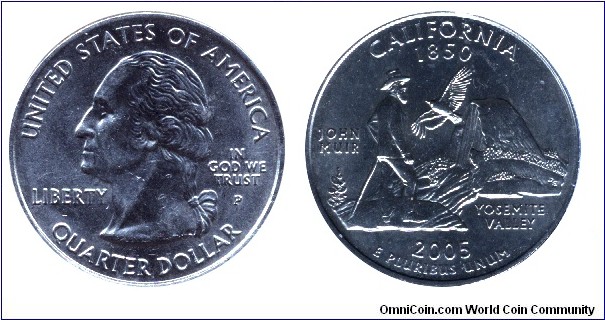 USA, 1/4 dollar, 2005, Cu-Ni, California - 1850, John Muir, Yosemite Valley, G. Washington, MM: P.                                                                                                                                                                                                                                                                                                                                                                                                                  