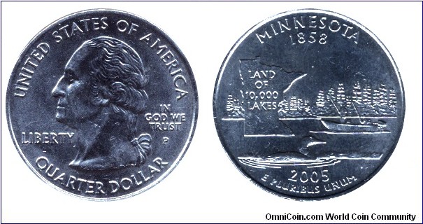 USA, 1/4 dollar, 2005, Cu-Ni, Minnesota - 1858, Land of 10.000 Lakes, G. Washington, MM: P.                                                                                                                                                                                                                                                                                                                                                                                                                         