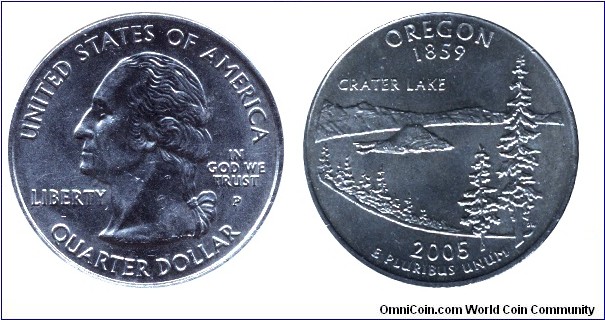 USA, 1/4 dollar, 2005, Cu-Ni, Oregon - 1859, Crater Lake, G. Washington, MM: P.                                                                                                                                                                                                                                                                                                                                                                                                                                     