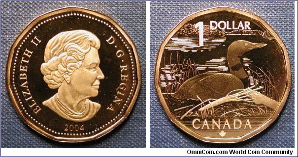 2004 Canada 1 Dollar Loon Proof w/Maple Leaf privy mark.  From 2004 Loon coin/stamp set.