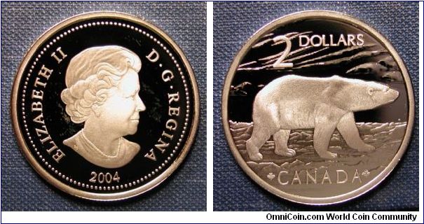 2004 Canada Silver $2 Polar Bear Proof.  Taken from Polar Bear stam/coin set.