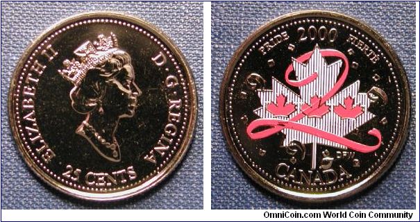 2000 Canada Colorized Quarter.  Pride.  Mintage 50,000 23.88mm 5g Nickel