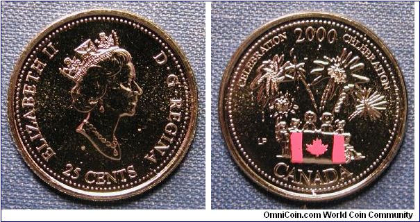 2000 Canada Colorized Quarter, Millennium Celebration.  Mintage 20,000 23.88mm 5g Nickel