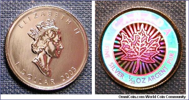 2003 Canada 1 Dollar Silver Maple Leaf Hologram, part of 5 piece Hologram set. 1/20oz silver