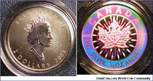 2003 Canada 2 Dollar Silver Maple Leaf Hologram, part of 5 piece Hologram set. 1/10oz silver