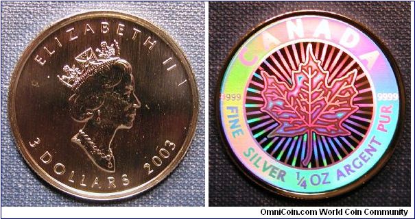 2003 Canada 3 Dollar Silver Maple Leaf Hologram, part of 5 piece Hologram set. 1/4oz silver