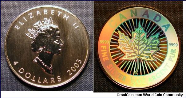 2003 Canada 4 Dollar Silver Maple Leaf Hologram, part of 5 piece Hologram set. 1/2oz silver