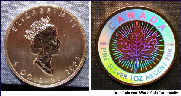 2003 Canada 5 Dollar Silver Maple Leaf Hologram, part of 5 piece Hologram set. 1oz silver