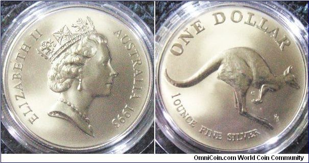 Australia 1993 1 dollar. 1 ounce fine silver that features the Kangaroo. 

Quality of this coin is minted in matte finish, which makes it quite interesting, or somewhat palladium-ish look.

C mintmark.
