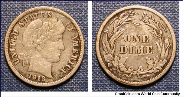 1913 Barber Dime (cleaned)