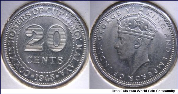 Malaya 1945 20 cents. Minted in Malaya, better known as Malaysia right now, was under the control of the British. Hence you see the portrait of George VI.