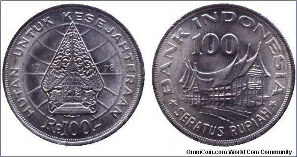 Indonesia, 100 rupiah, 1978, Cu-Ni, Hutan Untuk Kesejahteran.                                                                                                                                                                                                                                                                                                                                                                                                                                                       